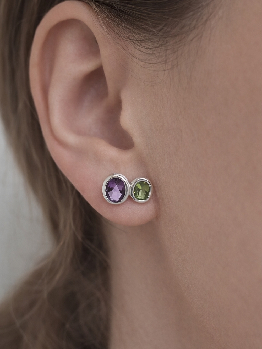 Sterling Silver Dual Amethyst and Peridot Stud Earrings